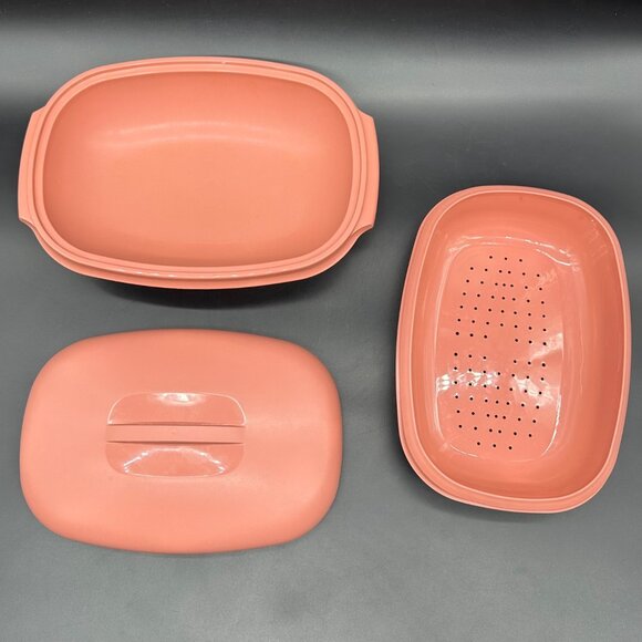 Vintage Tupperware Oval Microwave Steamer 6 Cups Dusty Rose Pink USA 90s 1273-5 - Picture 3 of 12